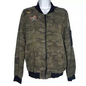Sanctuary Green Camouflage Bomber Jacket Size XS Embroidered Butterfly Bird